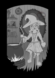 Size: 935x1323 | Tagged: safe, artist:calena, imported from derpibooru, part of a set, applejack, semi-anthro, 2021, apple, black and white, book, boots, cauldron, clothes, commission, dress, flower, food, grayscale, halloween, hat, holiday, looking at you, monochrome, nightmare night, plant, plants, shoes, sketch, solo, witch, witch hat, wooden floor, ych sketch, your character here