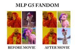 Size: 1404x944 | Tagged: safe, edit, edited screencap, imported from derpibooru, screencap, pipp petals, zipp storm, human, pegasus, pony, spoiler:my little pony: a new generation, comparison, female, g5, happy, hotline bling, male, mare, meme, my little pony: a new generation, sad, sad pony, trio