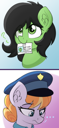 Size: 1812x3916 | Tagged: safe, artist:czu, imported from derpibooru, copper top, oc, oc:filly anon, earth pony, pony, ..., black mane, ear fluff, earth pony oc, eye clipping through hair, eyebrows, eyebrows visible through hair, female, filly, frown, hat, id card, lidded eyes, mare, mouth hold, police, question mark, raised eyebrow, suspicious, two toned mane, unamused