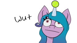 Size: 1920x1080 | Tagged: safe, artist:f1utter5hy, imported from derpibooru, izzy moonbow, pony, unicorn, :|, ball, bust, female, g5, gradient mane, horn, horn guard, hornball, izzy's tennis ball, mare, my little pony: a new generation, portrait, reaction image, simple background, solo, tennis ball, white background, wut face