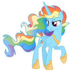 Size: 1280x1280 | Tagged: safe, artist:magicuniclaws, imported from derpibooru, rainbow dash, alicorn, pony, alicornified, female, folded wings, full body, hoof shoes, horn, mare, multicolored hair, multicolored mane, multicolored tail, princess rainbow dash, race swap, rainbow hair, rainbow tail, rainbowcorn, raised hoof, simple background, smiling, solo, standing, tail, transparent background, wings