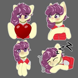 Size: 2000x2000 | Tagged: safe, artist:falses, imported from derpibooru, oc, oc only, oc:starfruit fritter, pony, blushing, clothes, commission, cute, female, heart, high res, hug, jacket, looking at you, looking down, mare, piercing, pillow, pillow hug, shirt, simple background, sleeping, sleepy, smiling, smiling at you, solo, sticker, t-shirt, ych result