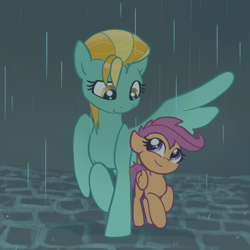 Size: 2048x2048 | Tagged: safe, artist:pfeffaroo, imported from derpibooru, lightning dust, scootaloo, pegasus, pony, cute, cutealoo, duo, duo female, dustabetes, female, high res, rain, scootalove, wing umbrella, wings