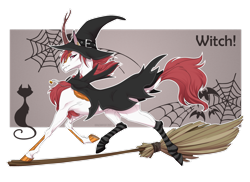 Size: 1920x1397 | Tagged: safe, artist:dementra369, imported from derpibooru, oc, oc only, oc:shining frost, bat, cat, kirin, pony, broom, clothes, commission, flying, flying broomstick, hat, male, simple background, socks, solo, spider web, stallion, striped socks, transparent background, witch, witch hat, ych result