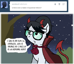 Size: 700x608 | Tagged: safe, artist:owlor, imported from derpibooru, writing desk, pony, ask, clothes, costume, dialogue, female, from the desk of mayor mare, glasses, mare, night, nightmare night costume, solo, speech bubble, stars