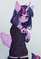 Size: 1800x2600 | Tagged: safe, artist:lomilykohi, imported from derpibooru, twilight sparkle, alicorn, anthro, bags under eyes, clothes, emo, energy drink, female, hoodie, looking at you, red bull, simple background, solo, stockings, thigh highs, twilight sparkle (alicorn), zettai ryouiki
