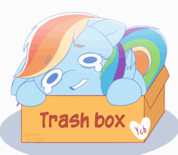 Size: 1591x1385 | Tagged: safe, artist:auroracursed, imported from derpibooru, rainbow dash, pegasus, pony, animated, box, bronybait, cute, dashabetes, eyebrows, eyebrows visible through hair, female, floppy ears, folded wings, gif, into the trash it goes, mare, multicolored hair, multicolored mane, multicolored tail, no pupils, pony in a box, pony shaming, rainbow hair, rainbow tail, shadow, simple background, solo, tail, teary eyes, teeth, trash, white background, wings