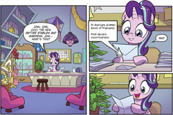Size: 1846x1236 | Tagged: safe, artist:michela cacciatore, idw, imported from derpibooru, phyllis, starlight glimmer, unicorn, spoiler:comic, spoiler:comicgenerations01, chair, comic, cute, desk, envelope, female, glimmerbetes, holy hand grenade of antioch, kite, letter, mail, my little pony: generations, philodendron, plant, pun, school of friendship, smiling, solo, starlight's office, stool