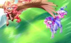 Size: 4280x2560 | Tagged: safe, artist:honeybbear, imported from derpibooru, oc, oc only, pegasus, pony, unicorn, duo, duo female, eye clipping through hair, eyebrows, eyebrows visible through hair, female, flying, high res, horn, looking at each other, mare, open mouth, open smile, pegasus oc, smiling, spread wings, unicorn oc, wings