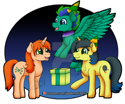 Size: 1920x1600 | Tagged: safe, artist:spokenmind93, imported from derpibooru, oc, oc only, oc:chrystine mirage, oc:gale twister, oc:pauly sentry, pegasus, pony, unicorn, birthday, hat, party hat, present, trio