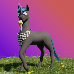 Size: 2048x2048 | Tagged: safe, artist:radiomann01, imported from derpibooru, oc, oc only, oc:lucent, pony, unicorn, 3d, bandana, blender, blender cycles, food, glowing, glowing horn, grass, happy, high res, horn, ice cream, ice cream cone, licking, magic, magic aura, male, open mouth, open smile, simple background, smiling, solo, stallion, telekinesis, tongue out, unicorn oc