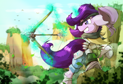 Size: 2215x1516 | Tagged: safe, artist:rainihorn, imported from derpibooru, starlight glimmer, bird, pony, unicorn, angry, arrow, bandana, bow (weapon), canyon, dust, eyepatch, female, forest, leaves, mare, pipbuck, post-apocalyptic, rock