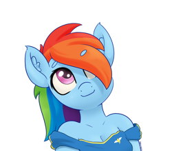 Size: 4000x3500 | Tagged: safe, artist:yelowcrom, imported from derpibooru, rainbow dash, anthro, beanbrows, clothes, cute, dashabetes, ear fluff, eyebrows, eyebrows visible through hair, female, hair over one eye, simple background, smiling, solo, white background