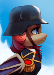 Size: 1966x2712 | Tagged: safe, artist:mrscroup, imported from derpibooru, oc, oc only, oc:xuan mai, bat pony, pony, bat pony oc, bat wings, bust, clothes, crescent moon, fangs, helmet, high res, military, military uniform, moon, portrait, simple background, solo, stahlhelm, uniform, wings, 信息部