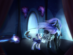 Size: 2732x2048 | Tagged: safe, artist:damayantiarts, imported from derpibooru, nightmare moon, rarity, alicorn, pony, unicorn, alternate hairstyle, alternate timeline, curved horn, duo, female, glowing, glowing horn, high res, horn, magic, night maid rarity, nightmare takeover timeline, telekinesis