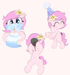 Size: 3277x3494 | Tagged: safe, artist:parfait, imported from derpibooru, oc, oc only, oc:kayla, earth pony, pony, armpits, birthday, cake, dancing, drinking, eating, female, filly, flower, flower in hair, food, high res, smiling, solo