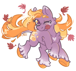 Size: 1272x1174 | Tagged: safe, artist:plushiepoms, imported from derpibooru, autumn crisp, earth pony, pony, autumn, blonde, fanart, fluffy, g3, heart mark, leaves, leaves in hair, one eye closed, orange hair, purple coat, simple background, solo, tongue out, transparent background, unshorn fetlocks, wink