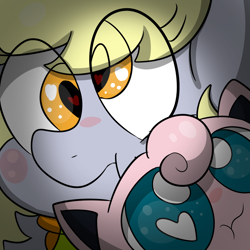 Size: 1000x1000 | Tagged: safe, artist:malachimoet, imported from derpibooru, derpy hooves, jigglypuff, pegasus, pony, crossover, eye clipping through hair, female, heart eyes, mare, orange eyes, pokémon, scrunchy face, wingding eyes