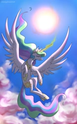 Size: 1200x1920 | Tagged: safe, artist:glassygreatart, imported from derpibooru, princess celestia, alicorn, pony, female, flying, glowing, glowing horn, horn, mare, sky, solo