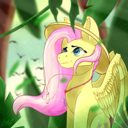 Size: 1000x1000 | Tagged: safe, artist:etherfii, imported from derpibooru, fluttershy, pegasus, pony, female, hat, jewelry, necklace, solo