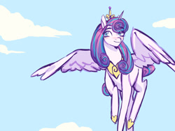 Size: 1280x960 | Tagged: safe, artist:lovelyluckyy, imported from derpibooru, princess flurry heart, alicorn, pony, blushing, cloud, crown, female, hoof shoes, jewelry, older, older flurry heart, regalia, sky, solo