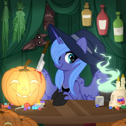 Size: 1500x1500 | Tagged: safe, artist:angelina-pax, imported from derpibooru, princess luna, alicorn, bat, pony, candle, candy, commission, female, food, halloween, hat, holiday, jack-o-lantern, knife, pumpkin, skull, solo, witch hat, ych result