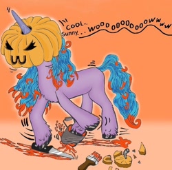 Size: 750x742 | Tagged: safe, artist:brightenight-heart, imported from derpibooru, izzy moonbow, pony, unicorn, female, g5, gradient background, halloween, holiday, jack-o-lantern, knife, my little pony: a new generation, pumpkin, solo