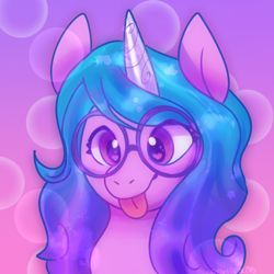 Size: 1000x1000 | Tagged: safe, artist:corvidcactus, imported from derpibooru, izzy moonbow, pony, unicorn, :p, bust, cute, female, g5, glasses, heart, heart eyes, izzybetes, my little pony: a new generation, portrait, silly face, smiling, solo, tongue out, wingding eyes