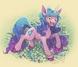 Size: 800x695 | Tagged: safe, artist:clovenfawn, artist:kathryninks, imported from derpibooru, izzy moonbow, pony, unicorn, cute, female, flower, g5, happy, mare, my little pony: a new generation, solo