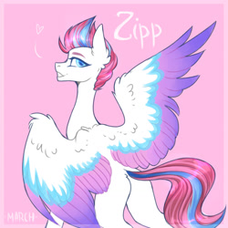 Size: 1280x1280 | Tagged: safe, artist:adele-blooming-art, imported from derpibooru, zipp storm, pegasus, pony, female, g5, looking back, my little pony: a new generation, pink background, simple background, solo