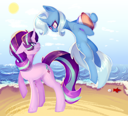 Size: 4400x4000 | Tagged: safe, artist:rainbowgirlyt, imported from derpibooru, starlight glimmer, trixie, pony, unicorn, absurd resolution, beach, beach ball, dreamworks face, duo, duo female, eye clipping through hair, female, grin, looking at each other, ocean, raised hoof, smiling, smiling at each other, water