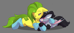 Size: 4441x1999 | Tagged: safe, artist:beardie, imported from derpibooru, oc, oc only, oc:bit assembly, oc:starskipper, bat pony, earth pony, clothes, cuddling, ear fluff, socks