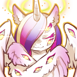 Size: 1159x1159 | Tagged: safe, artist:cold-blooded-twilight, imported from derpibooru, princess cadance, alicorn, seraph, seraphicorn, angel, be not afraid, biblically accurate angels, colored wings, eyes closed, eyes do not belong there, glowing, glowing eyes, halloween, halo, holiday, looking at you, many eyes, multicolored wings, multiple wings, simple background, smiling, species swap, transparent background, wings