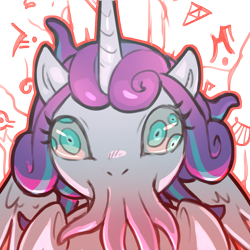 Size: 1159x1159 | Tagged: safe, artist:cold-blooded-twilight, imported from derpibooru, princess flurry heart, alicorn, pony, body horror, cosmic horror, cthulhu, cthulhu mythos, eldritch abomination, halloween, holiday, looking at each other, multiple pupils, simple background, species swap, spread wings, tentacles, transparent background, wat, wide eyes, wings