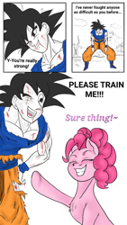 Size: 1080x1920 | Tagged: safe, artist:dbzxking, imported from derpibooru, pinkie pie, earth pony, pony, saiyan, battle damage, blood, clothes, colored, comic, comic page, crossover, cute, diapinkes, dragon ball, dragon ball z, eyes closed, female, friendship, goku being goku, grin, happy, invincible pinkie, muscles, pinkie being pinkie, post fight, raised hoof, running gag, shading, simple background, smiling, son goku, sparring, strong pinkie, text, torn clothes, white background