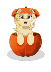 Size: 2480x3508 | Tagged: safe, artist:backgroundpony#f352, derpibooru exclusive, imported from derpibooru, oc, oc only, oc:radler, pony, commission, eyes open, female, fluffy, halloween, halloween 2021, high res, holiday, leaf, mare, open mouth, pumpkin, simple background, solo, transparent background, ych result, your character here