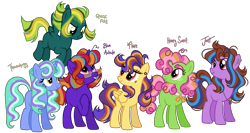 Size: 2604x1383 | Tagged: safe, artist:fizzmitz, imported from derpibooru, oc, oc only, oc:blue aubade, oc:flare, oc:honey sweet, oc:jett, oc:quick fire, oc:thaumaturgy, earth pony, pegasus, pony, unicorn, base used, earth pony oc, female, horn, magical lesbian spawn, mare, offspring, parent:big macintosh, parent:cheerilee, parent:flash sentry, parent:lightning dust, parent:octavia melody, parent:starlight glimmer, parent:sunburst, parent:sunset shimmer, parent:thunderlane, parent:trixie, parent:twilight sparkle, parent:vinyl scratch, parents:cheerimac, parents:flashimmer, parents:scratchtavia, parents:startrix, parents:thunderdust, parents:twiburst, pegasus oc, simple background, transparent background, unicorn oc