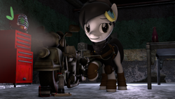 Size: 1920x1080 | Tagged: safe, artist:mod_pone_the_mod, imported from derpibooru, oc, oc only, oc:mod pone the mod, earth pony, parasprite, pony, fallout equestria, 3d, clothes, garage, goggles, motorcycle, photo, solo, source filmmaker
