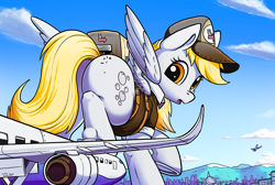 Size: 2000x1340 | Tagged: safe, artist:tsitra360, imported from derpibooru, derpy hooves, pegasus, pony, airport, butt, cap, city, clothes, cutie mark, delivery pony, female, giant pony, giantess, hat, looking back, macro, mare, plot, solo, uniform
