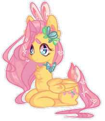 Size: 1365x1566 | Tagged: safe, artist:marzinyan, artist:reimu-reimu, imported from derpibooru, fluttershy, pegasus, pony, bunny ears, bunny tail, chest fluff, cute, female, flower, flower in hair, heart, heart eyes, lying down, mare, neck bow, ponyloaf, prone, shyabetes, simple background, solo, tail, transparent background, wingding eyes