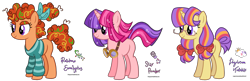 Size: 2699x873 | Tagged: safe, artist:fizzmitz, imported from derpibooru, oc, oc only, oc:daydream twinkle, oc:rainbow eucalyptus, oc:star powder, earth pony, unicorn, bow, clothes, glasses, goggles, hair bow, hair ribbon, magical lesbian spawn, offspring, parent:cayenne, parent:rainbow stars, parent:tree hugger, parent:twilight sparkle, pigtails, shirt, simple background, striped shirt, transparent background, trio, twintails