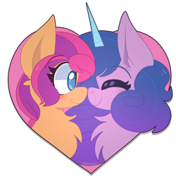 Size: 2000x2000 | Tagged: safe, artist:saveraedae, imported from derpibooru, izzy moonbow, sunny starscout, earth pony, pony, unicorn, chest fluff, female, g5, heart, high res, izzyscout, lesbian, my little pony: a new generation, shipping