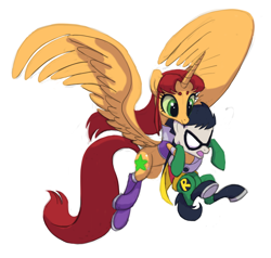 Size: 1280x1216 | Tagged: safe, artist:house-of-tykayl, imported from derpibooru, alicorn, earth pony, pony, carrying, ponified, robin (dc comics), simple background, starfire, teen titans