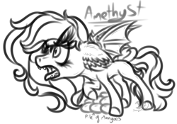Size: 982x689 | Tagged: safe, artist:beamybutt, imported from derpibooru, oc, oc only, oc:amethyst, bat pony, pony, angry, bat pony oc, bat wings, ear fluff, fangs, female, food, lineart, male, mango, mare, monochrome, open mouth, protecting, raised hoof, simple background, solo, stallion, white background, wings