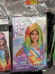 Size: 3120x4160 | Tagged: safe, imported from ponybooru, rainbow dash, human, pegasus, pony, my little pony: pony life, clothes, costume, looking at you, my little pony logo, photo, pony costume, rainbow wig, walmart, wig