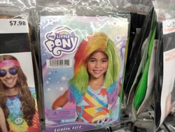 Size: 4160x3120 | Tagged: safe, imported from ponybooru, rainbow dash, human, pegasus, pony, my little pony: pony life, clothes, costume, looking at you, my little pony logo, photo, pony costume, rainbow wig, walmart, wig