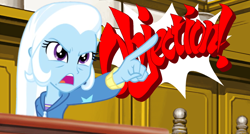 Size: 1280x685 | Tagged: safe, artist:smbz200, imported from derpibooru, trixie, equestria girls, ace attorney, angry, blue skin, clothes, courtroom, female, jacket, lawyer, objection, open mouth, phoenix wright, pointing, purple eyes, solo, teeth, two toned hair, white hair