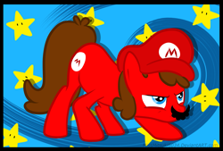 Size: 2923x1975 | Tagged: safe, artist:angelgashapon, imported from derpibooru, pony, blue background, blue eyes, brown hair, brown mane, cap, crouching, cutie mark, facial hair, hat, mario, moustache, ponified, red hat, simple background, stars