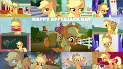 Size: 4352x2450 | Tagged: safe, edit, edited screencap, editor:quoterific, imported from derpibooru, screencap, applejack, honey curls, mare e. lynn, earth pony, pony, a friend in deed, apple family reunion, dragonshy, feeling pinkie keen, horse play, party pooped, school daze, season 1, season 2, season 3, season 4, season 5, season 6, season 8, season 9, the last laugh, the saddle row review, the super speedy cider squeezy 6000, three's a crowd, apple, apple cider, applejack day, applejack's hat, countryisms, cowboy hat, female, frown, grin, gritted teeth, hat, high res, mare, mouth hold, open mouth, open smile, paintbrush, raised eyebrow, smiling, solo focus, that pony sure does love apples