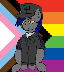 Size: 900x1012 | Tagged: artist needed, source needed, safe, imported from derpibooru, oc, oc only, bat pony, pony, background pony strikes again, do not mix, edgy, hale hortler, nazi, op is a duck, op is trying to start shit, pride flag, spastika, swastika